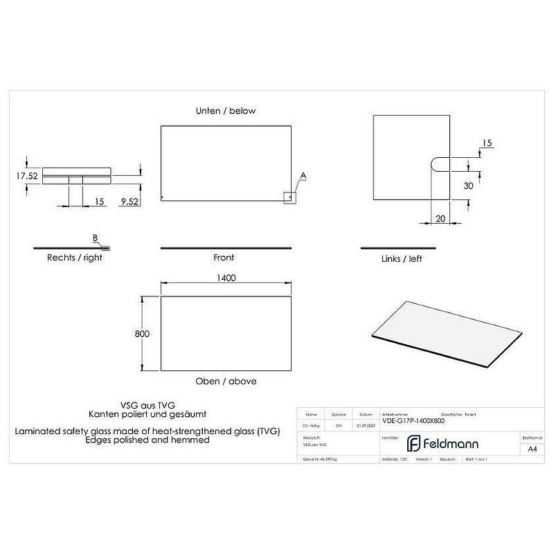 Eleganza canopy Glas: 1400x800mm VSG aus 2x8mm TVG mit 1,52mm PVB