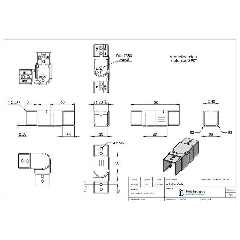 Verbinder flexibel für Quadratnutrohr 40x40mm, V4A
