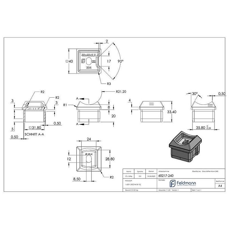 Rohrsattel, für 40 x 40 x 2,0mm, oben für Ø 42,4mm, V2A