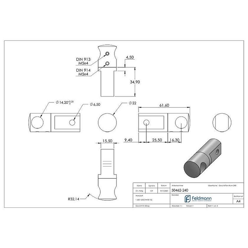 Support de lisse transversale (à monter entre deux fers plats) avec perçage Ø 14,2mm, V2A