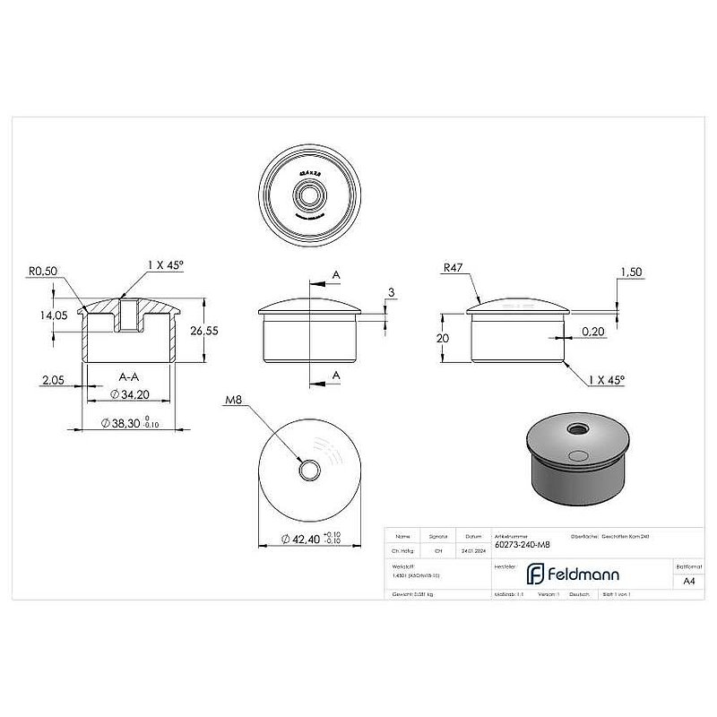 Rohrabschlussstopfen zum Kleben mit M8 für 42,4x2,0mm, V2A