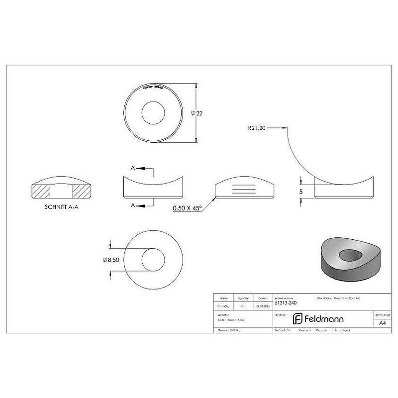 Ausgleichsstück (ohne Senkung) für Rohr 42,4mm, Ø 22mm, V2A