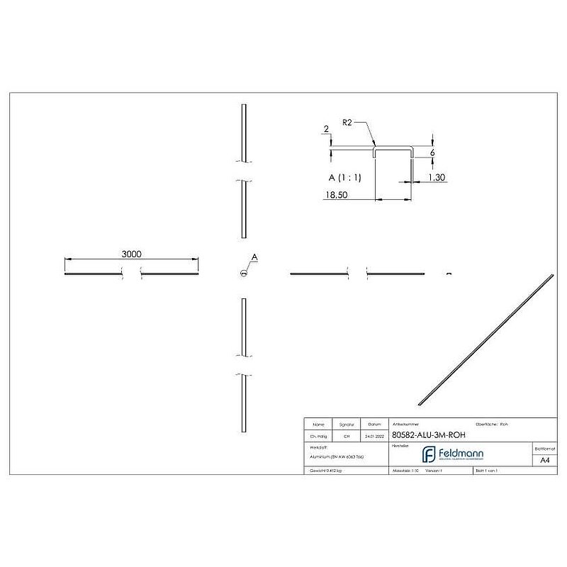Main courante EXTRA SLIM, pour verre 16,00 - 17,52mm, L: 3000mm, aluminium brut