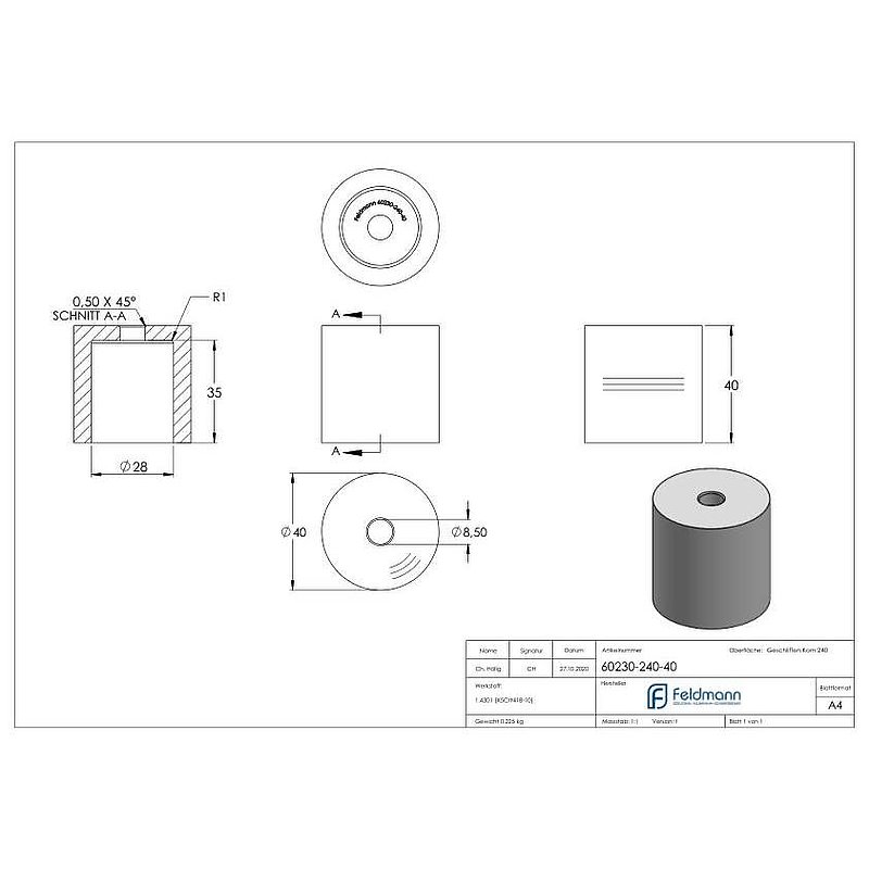 Entretoise Ø 40mm, avec trou de passage, ép.: 40mm, V2A