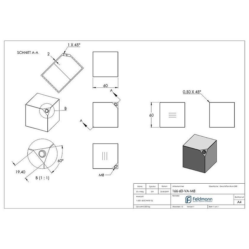 Cube, 60x60mm, AISI304