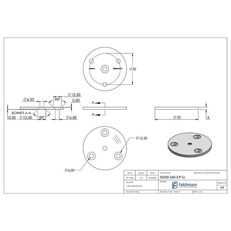 Ronde, Ø 70x4mm, mit Rundschliff, V2A