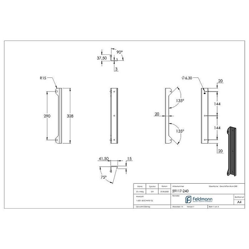Anschlagsblech mit Gummipuffer aus Edelstahl, 37.5x41.5x328mm, V2A