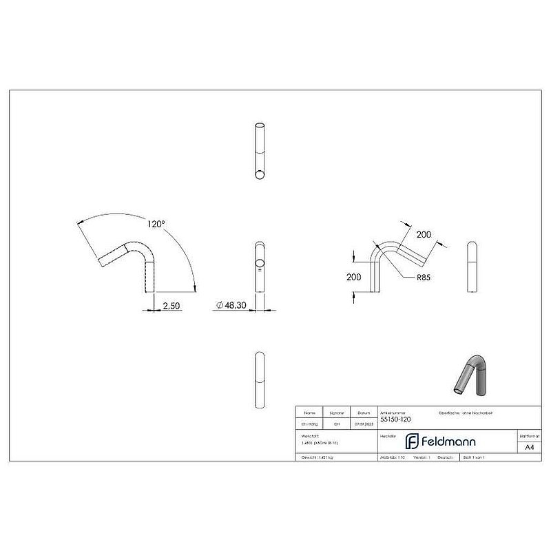 Rohrbogen 120°, aus Rohr 48,3x2,5mm, V2A