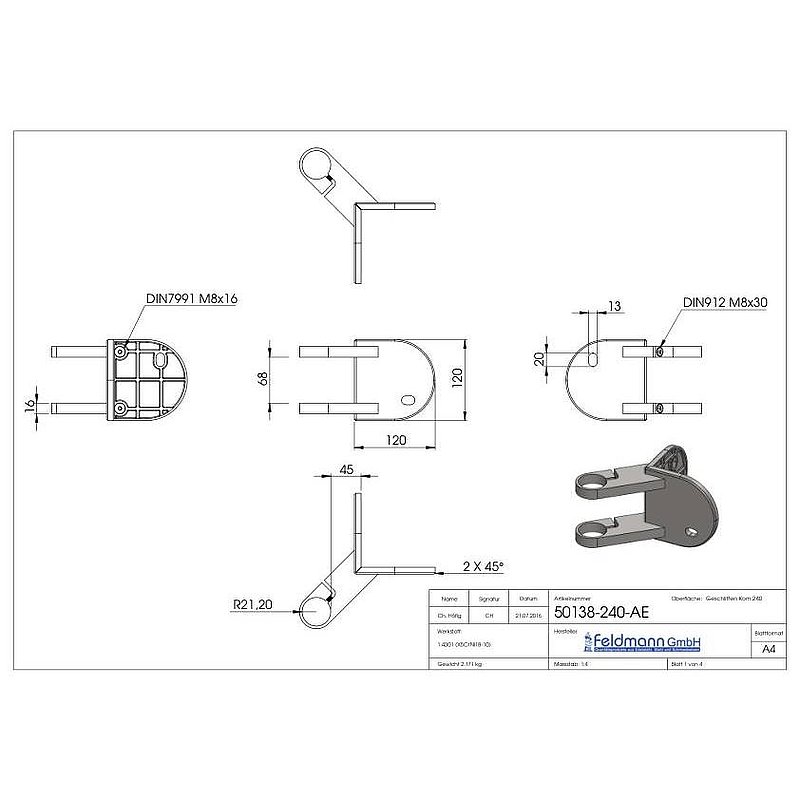 Fixation murale 90° pour coin extérieur, V2A