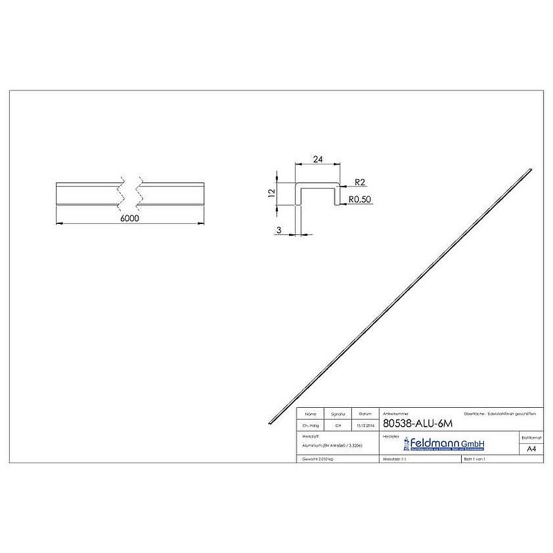 Profilé aluminium en U, 24x12x3mm, L: 6000mm