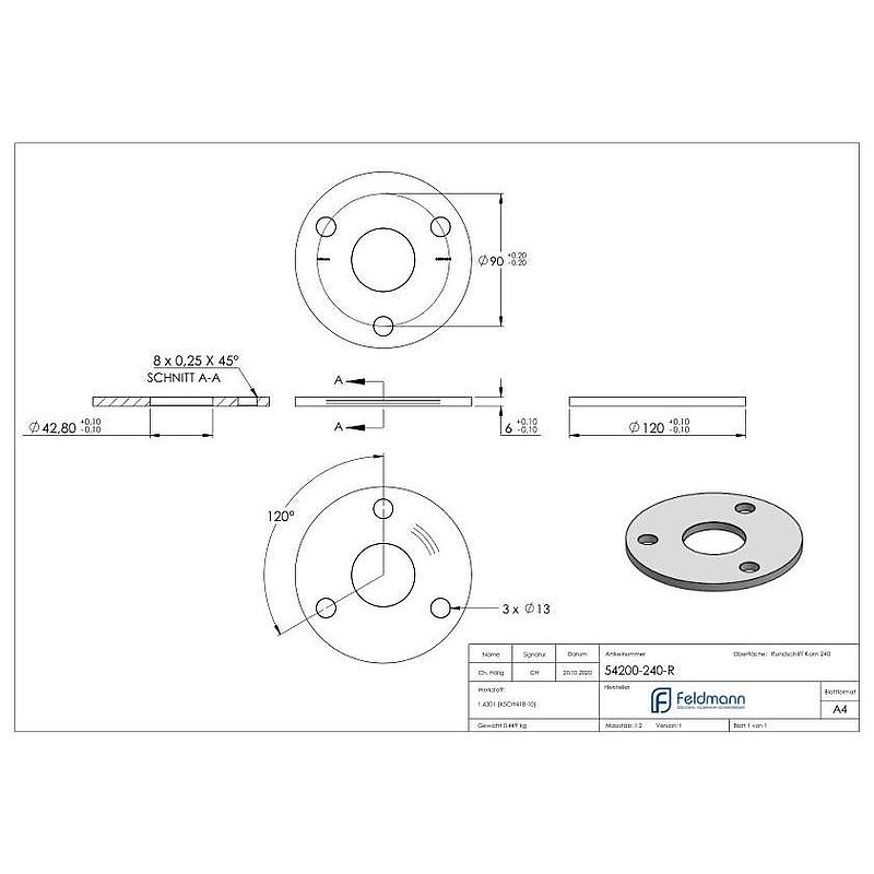 Ankerplatte Ø 120x6mm, mit Rundschliff, V2A