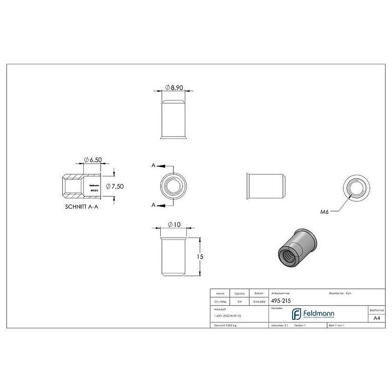 Blind-Einnietmutter, V2A, M6/Loch 9mm, V2A
