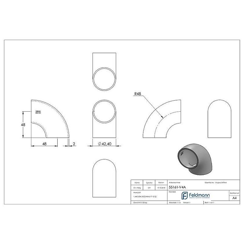 Schweißbogen 90°, 42,4x2,0mm, ungeschliffen, V4A