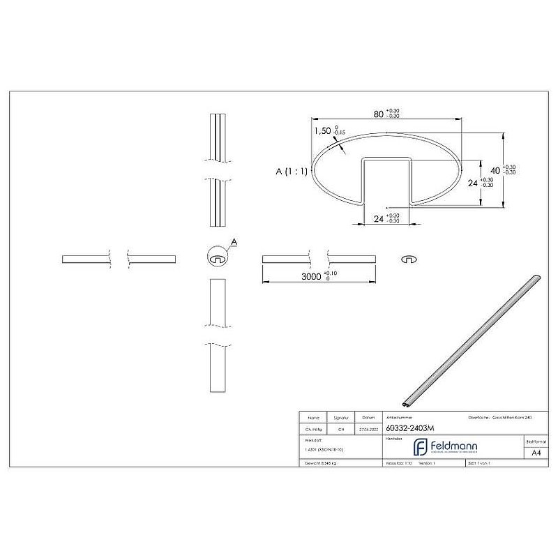 Ovalnutrohr, 80x40x1,5 mm, L: 3000mm, AISI304