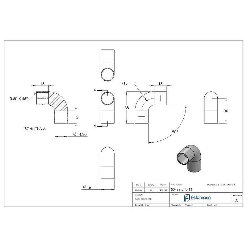 Rundstabverbinder für Ø 14mm, 90°, V2A