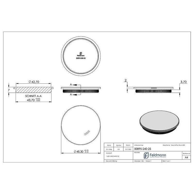 Rohrabschlussstopfen, für Rohr 48,3x2,5mm, V2A