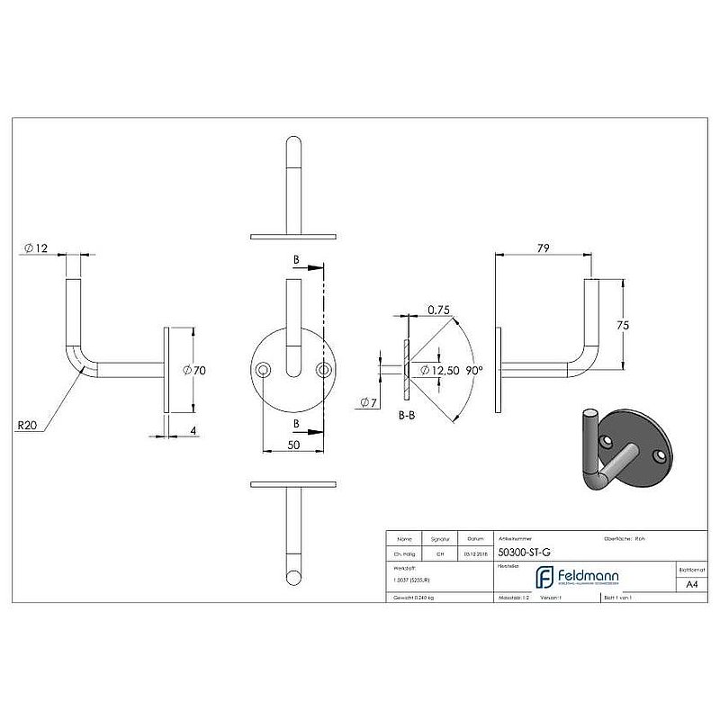 Handlaufträger mit Ronde flach, 70x4mm