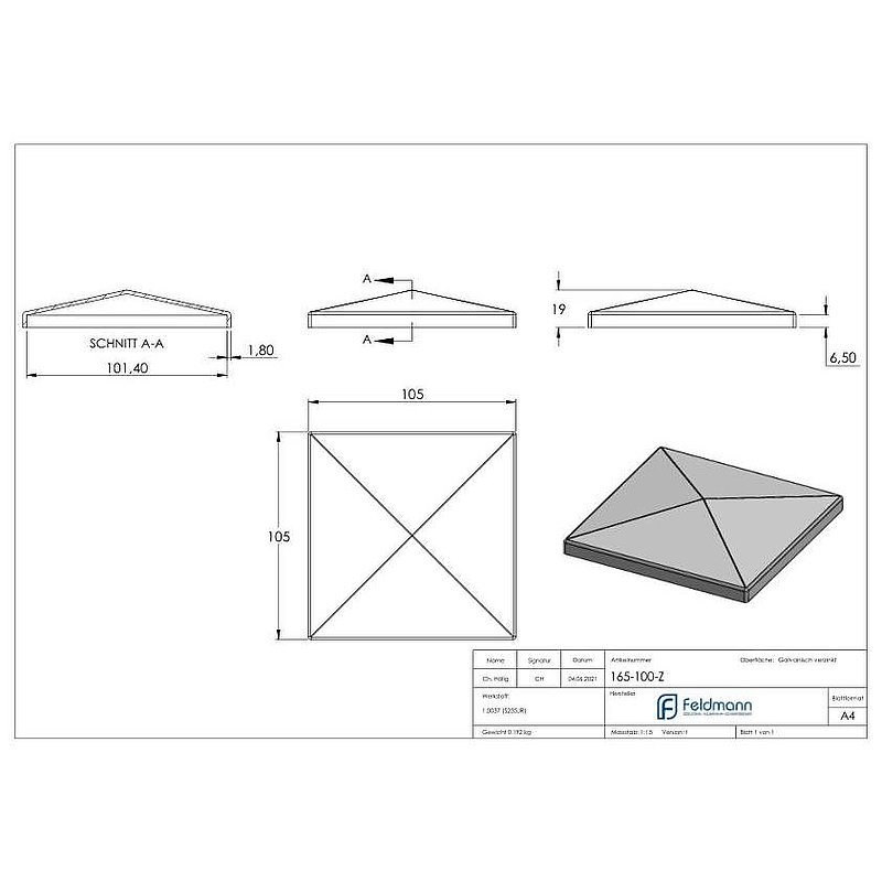Pfeilerbedecker für Rohr 100x100mm, verzinkt