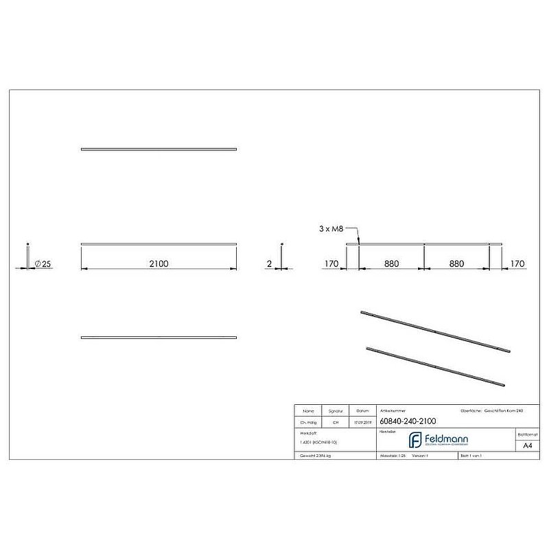 Rail de guidage pour portes coulissantes en verre, L: 2100mm, V2A