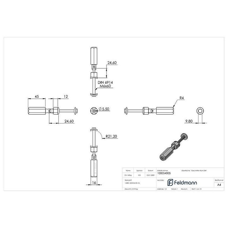 Gewindeterminal zur Selbstmontage, Seil 5mm, V2A