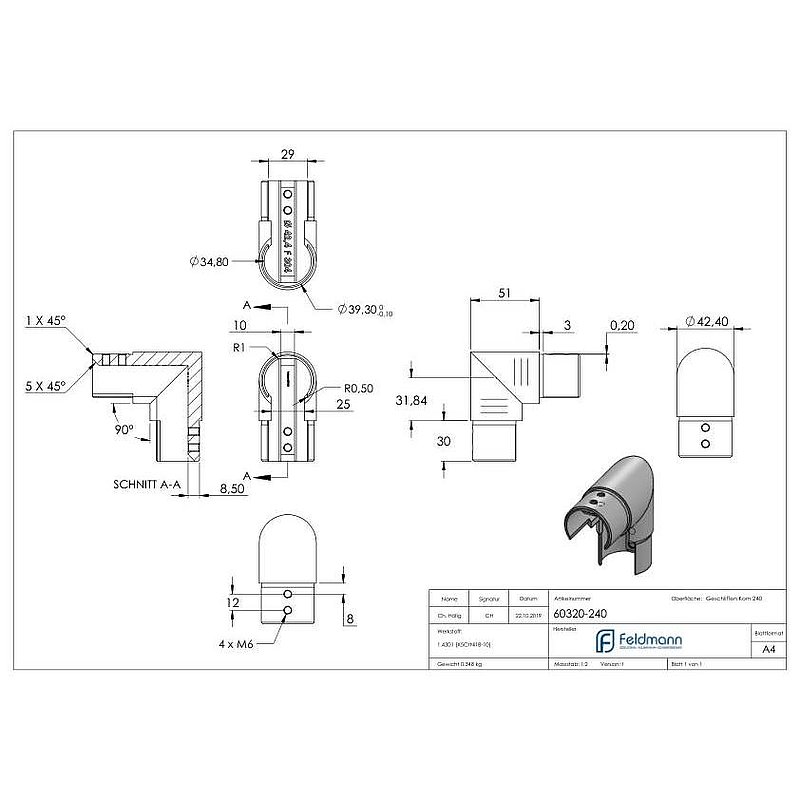 Eckbogen vertikal, für 42,4mm, V2A, Rahmenecke