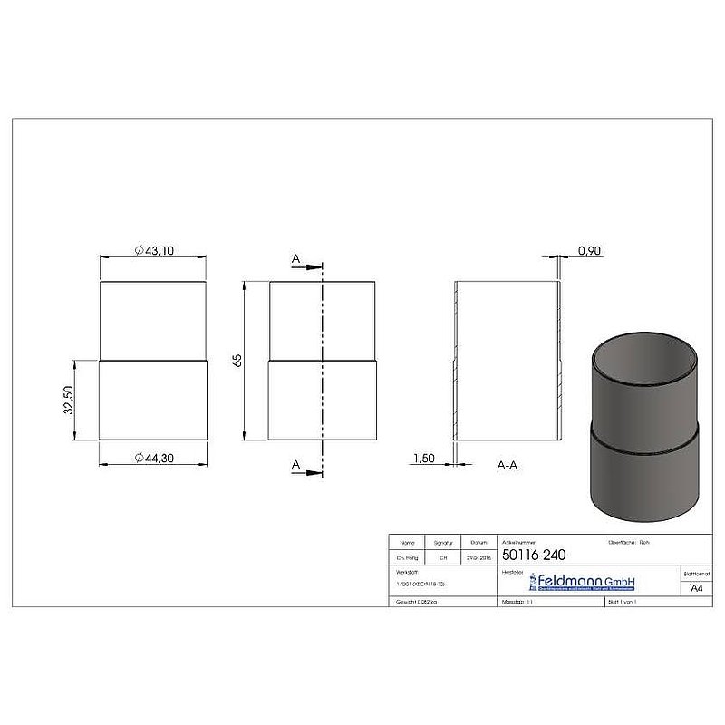 Connecting piece from 48.3x2.5mm to 48.3x2.0mm, AISI304