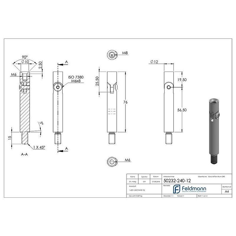 Gelenkstift Ø 12mm, L: 76mm, V2A