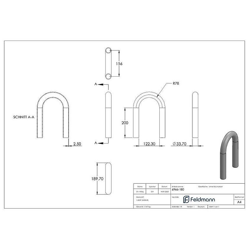 Stahl-Rohr-Bogen 180°, 33,7x2,5mm