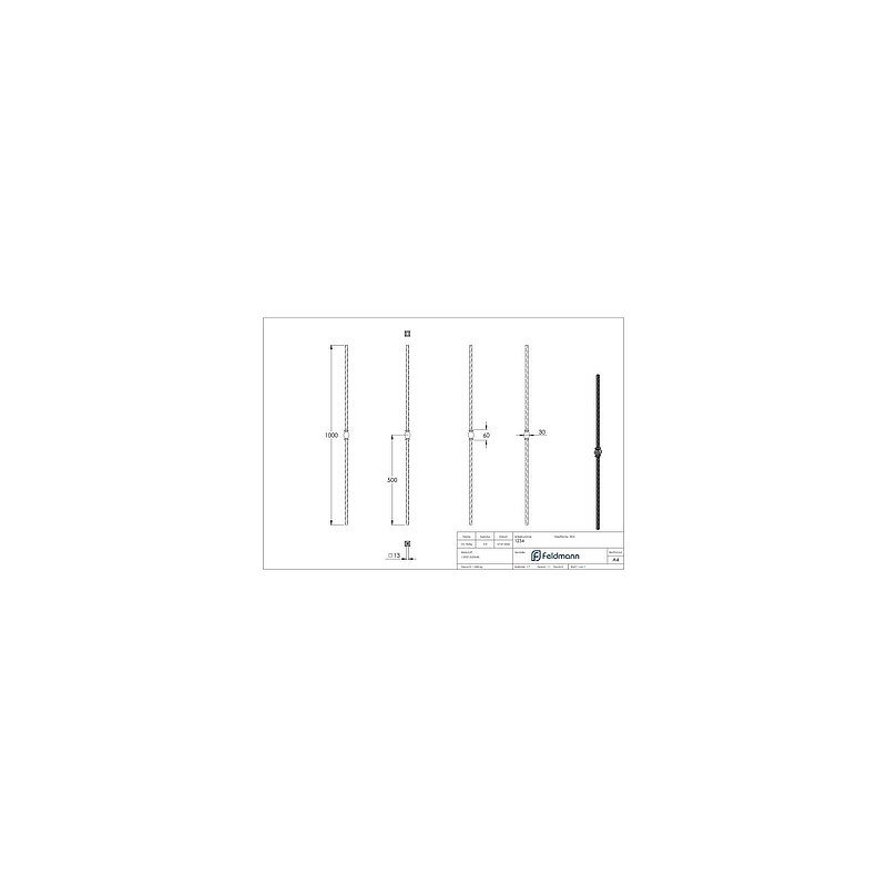 Knubbelstab 13x13mm, gehämmert, H: 1000mm