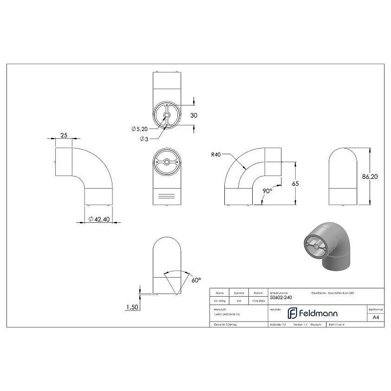 Rohrbogen 90° für 42,4mm Holzhandlauf, V2A