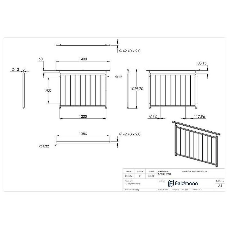Französisches Balkongitter, gerade, B: 1,2m, V2A