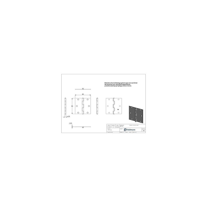 Hinge 80x80mm with fixed pin
