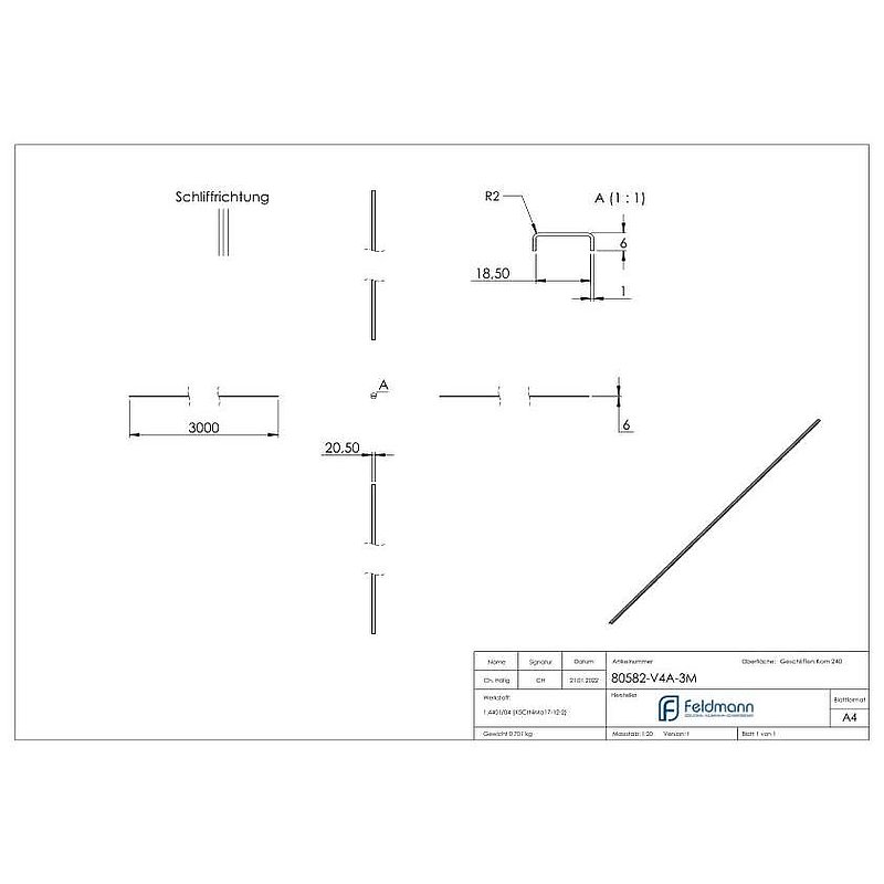 Edge protection EXTRA SLIM, for glass 16.00 - 17.52mm, L: 3000mm, stainless steel AISI316