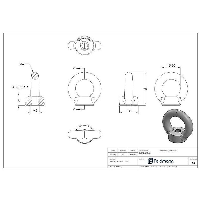 Écrou à œil avec filetage intérieur 6mm, V4A
