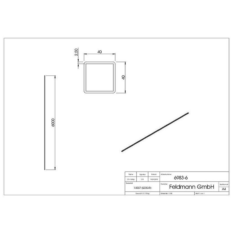 Quadratrohr 40x40x2,5mm, L: 6000mm, gehämmert
