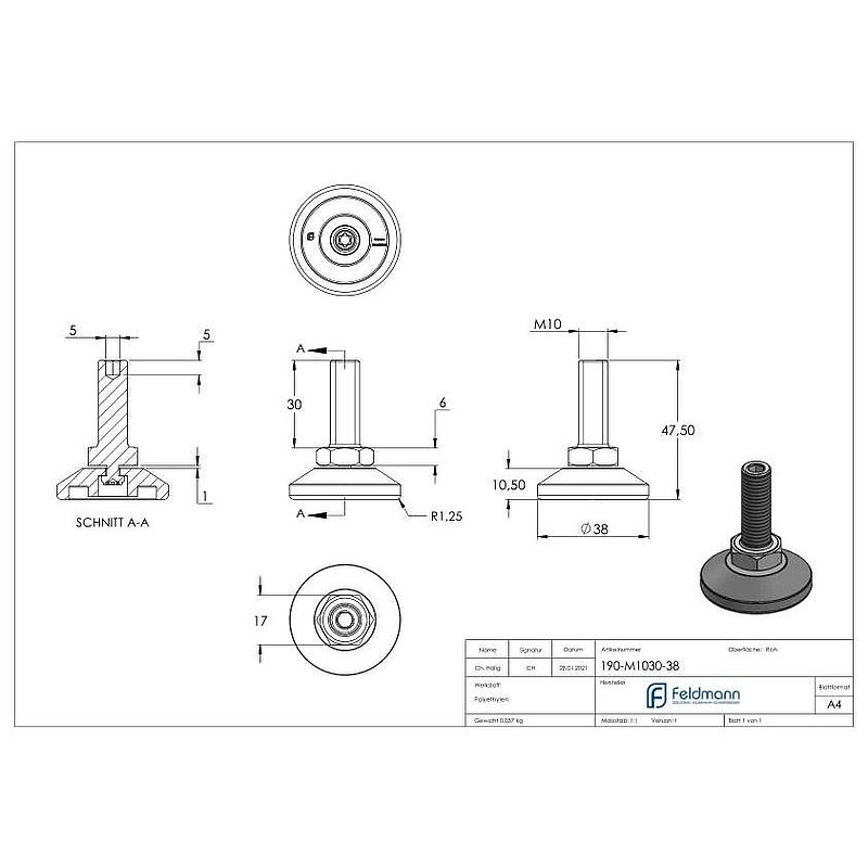 Levelling foot with adjusting screw with hexagon socket