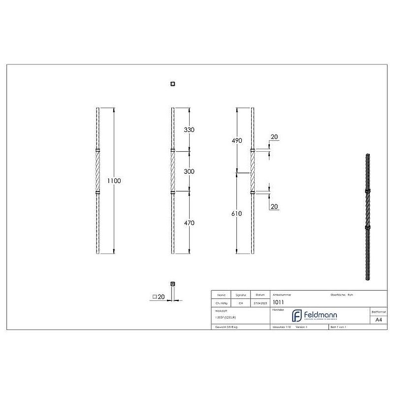 Anfangsstab 20x20mm, H: 1100mm