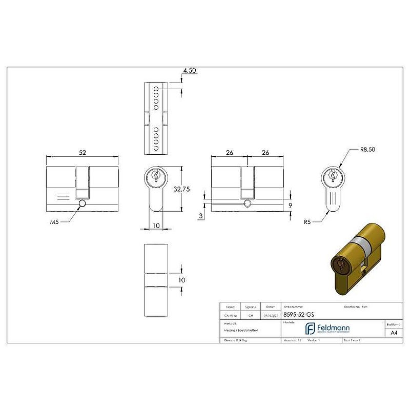 Profilzylinder, L: 52mm, gleichschließend