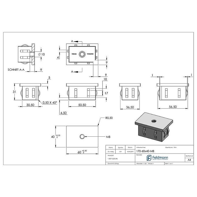 Steel end cap, for, rectangular tube 60x40mm