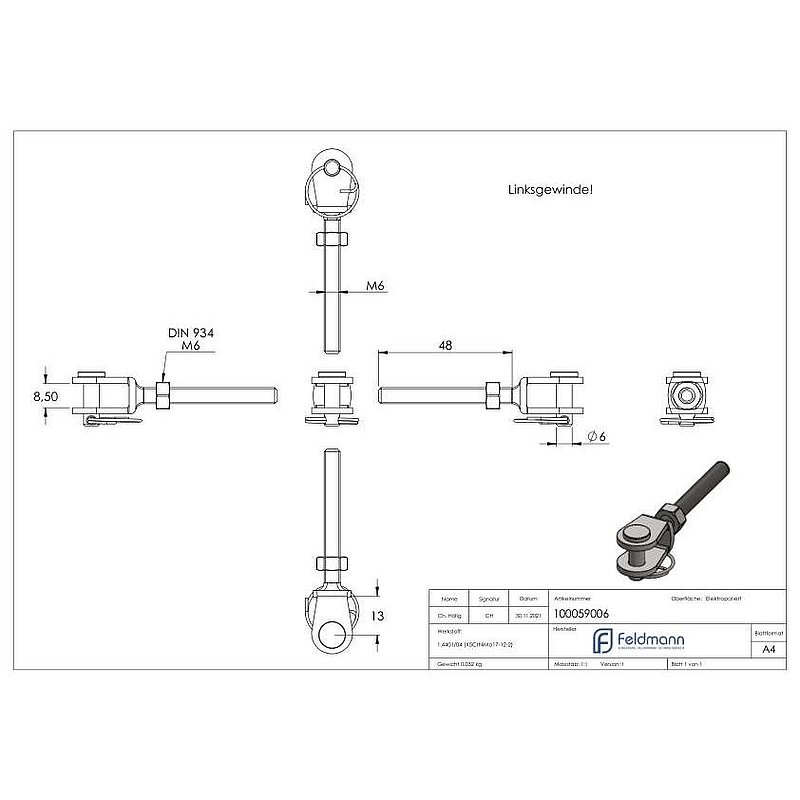 Fork terminal with external thread M6 left, AISI316