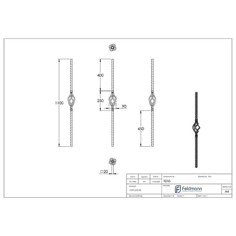 Anfangsstab 20x20mm, H: 1100mm