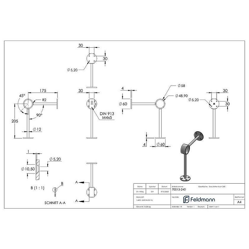 Footrail support, for 48.3 mm tube, AISI304
