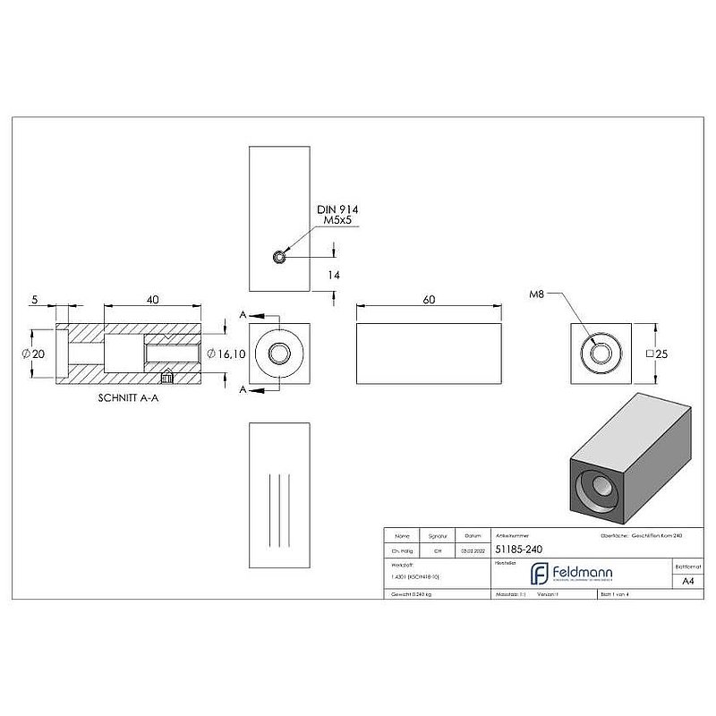 Support de tube carré 25x25mm - avec raccordement plat, V2A