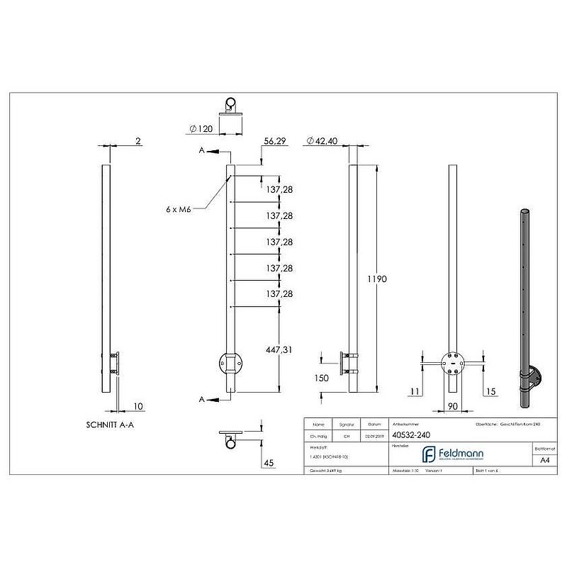 Stainless steel post AISI304 for wall mounting, H: 1190mm