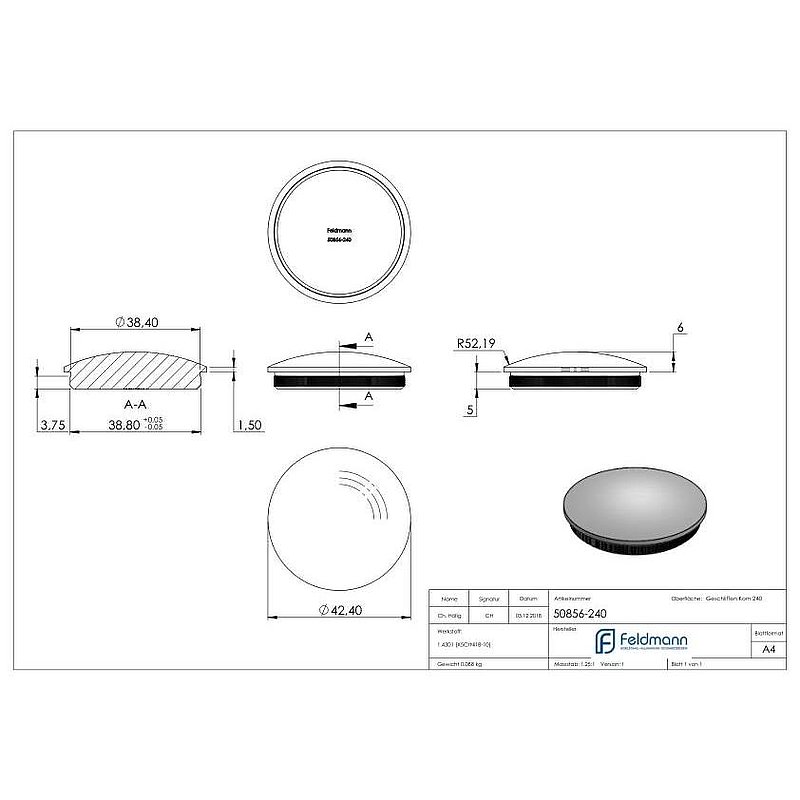 Rohrabschlussstopfen, für Rohr 42,4x2,0mm, V2A
