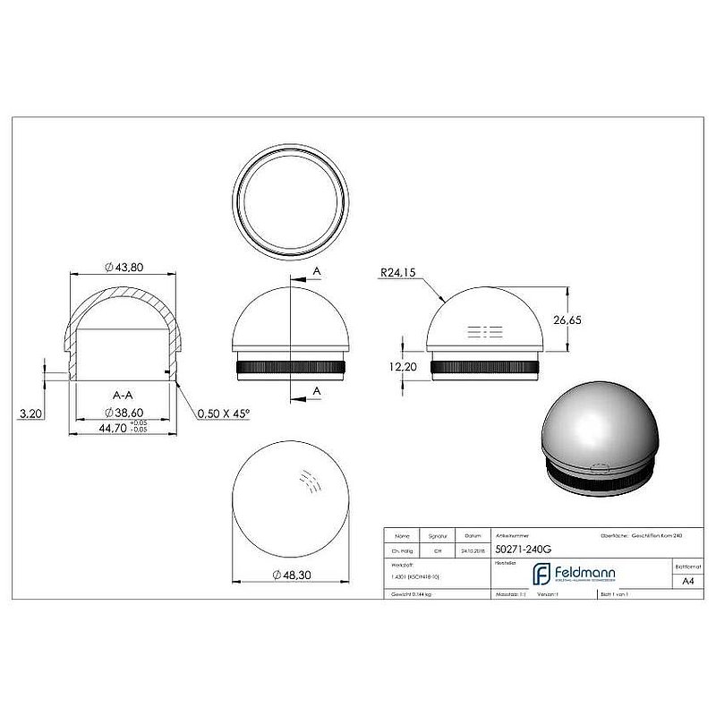Rohrabschlussstopfen, für Rohr 48,3x2,0mm, V2A