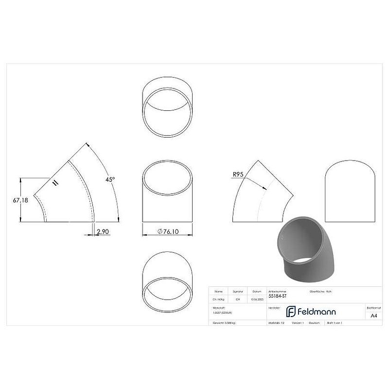 Schweißbogen 45°, 76,1 x 2,9mm, Bauart 3
