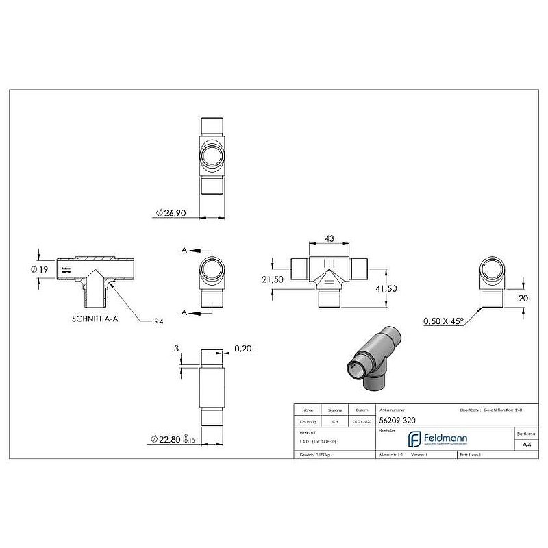 T-Stück egal, für Rohr 26,9x2,0mm, V2A