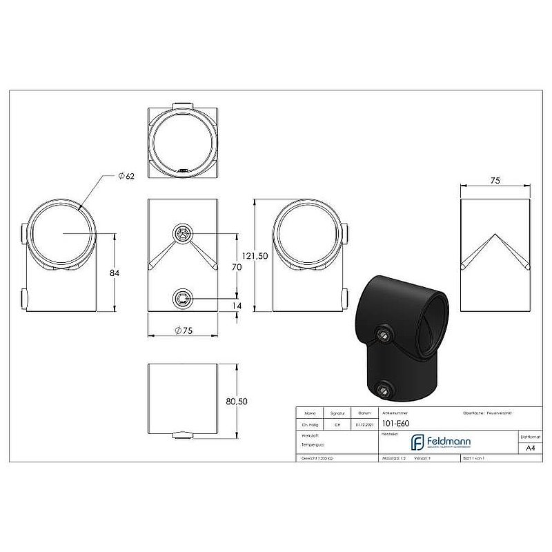 Raccord en T court, pour tube Ø 60,3mm