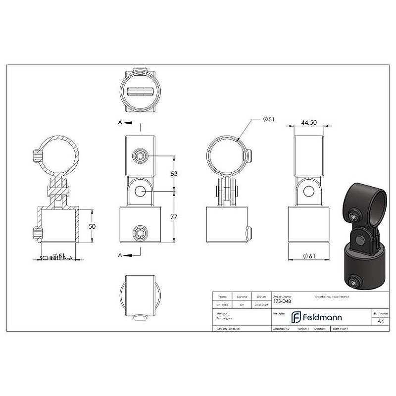 Pivot simple, ajustable, pour tube Ø 48,3mm